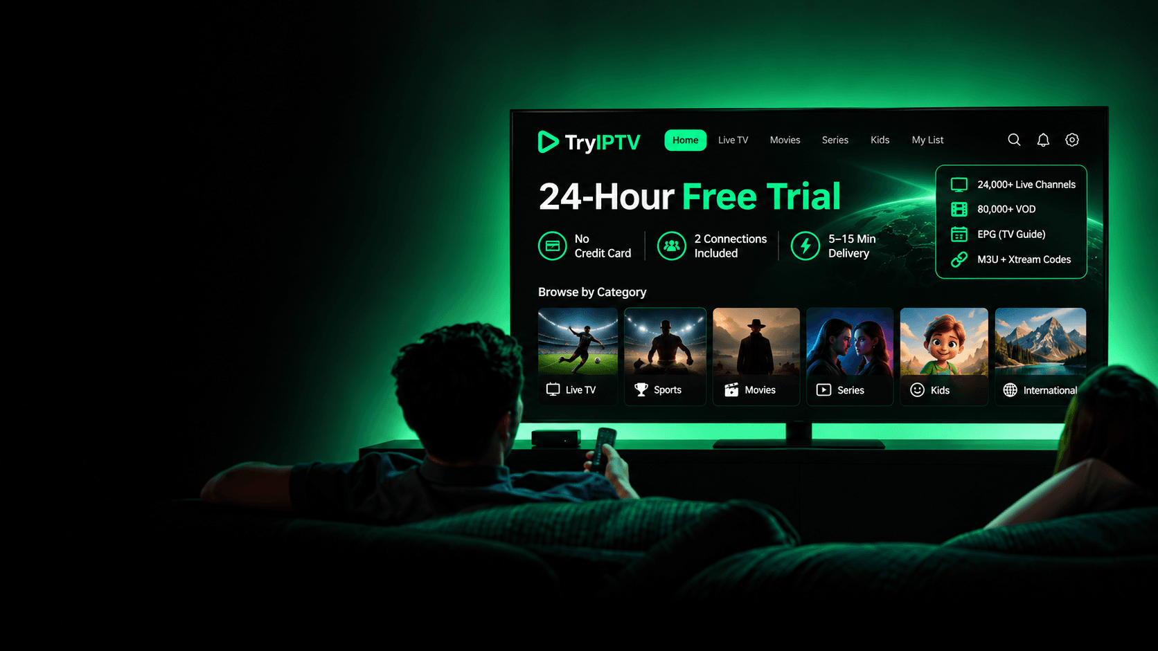 TryIPTV 24-hour free trial displayed on a smart TV